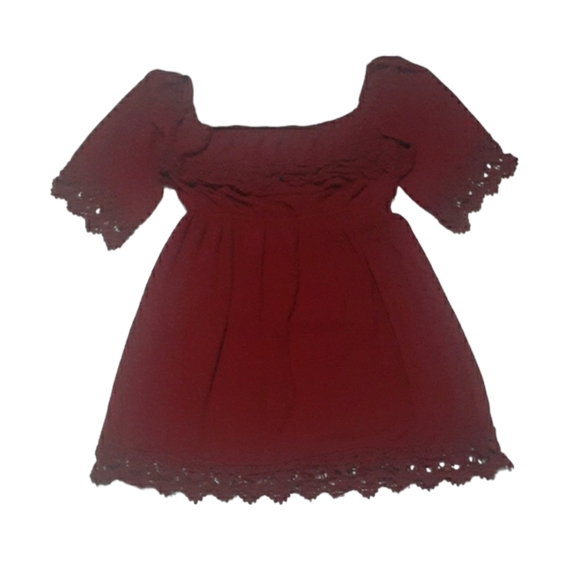Umgee Red Baby Doll Dress Empire Waist Off the Shoulder Lace Maroon Peasant L - Picture 13 of 13